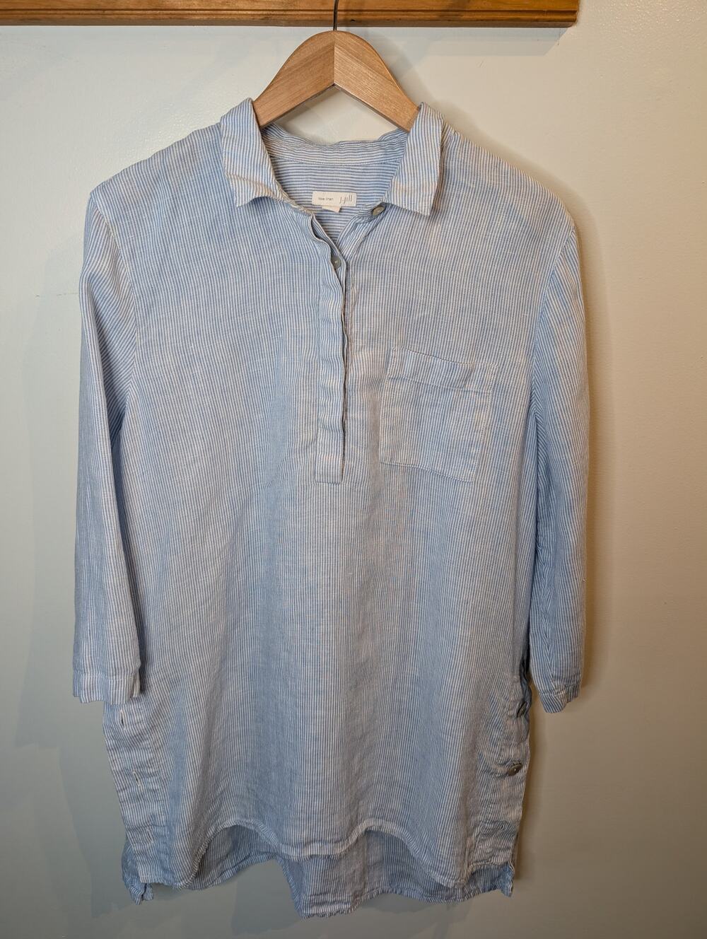 J.Jill Love Linen Blue White Striped Tunic Long Sleeve Button Front Large